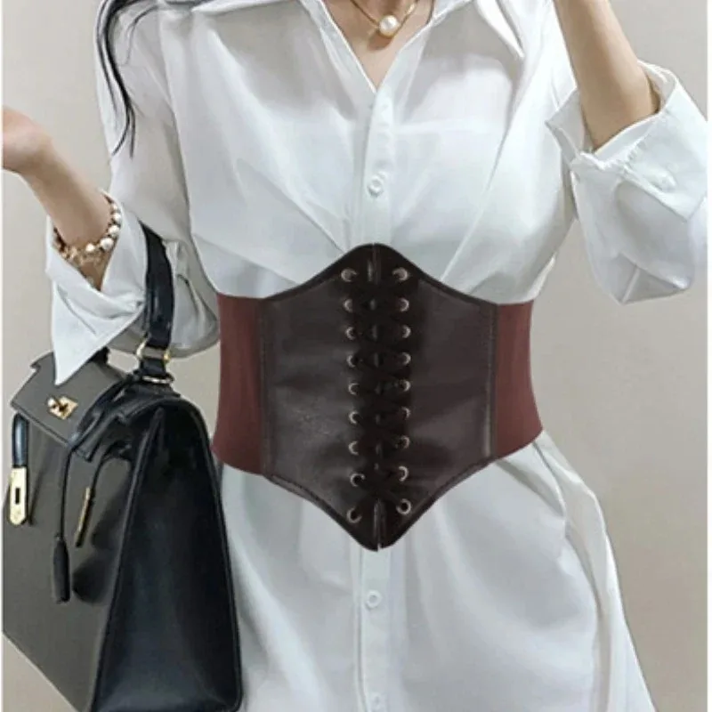 Women's Corset Belt Gothic Fashion PU Leather Female Lace-up Corset Belts Slimming Waist Vintage Corset Black Wide Belt for Girl