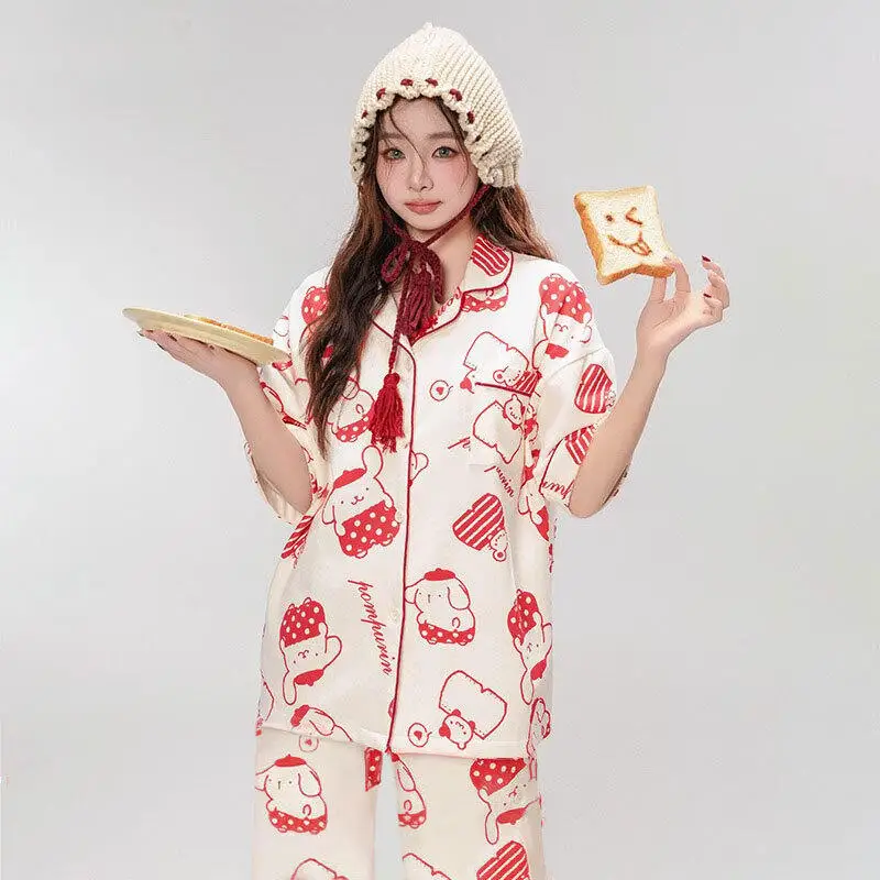 Pajamas 2026 Pompom Purins Short-Sleeved Trousers Two-Piece Set Best-Selling Women's Summer New Home Clothes Hot Style Casual