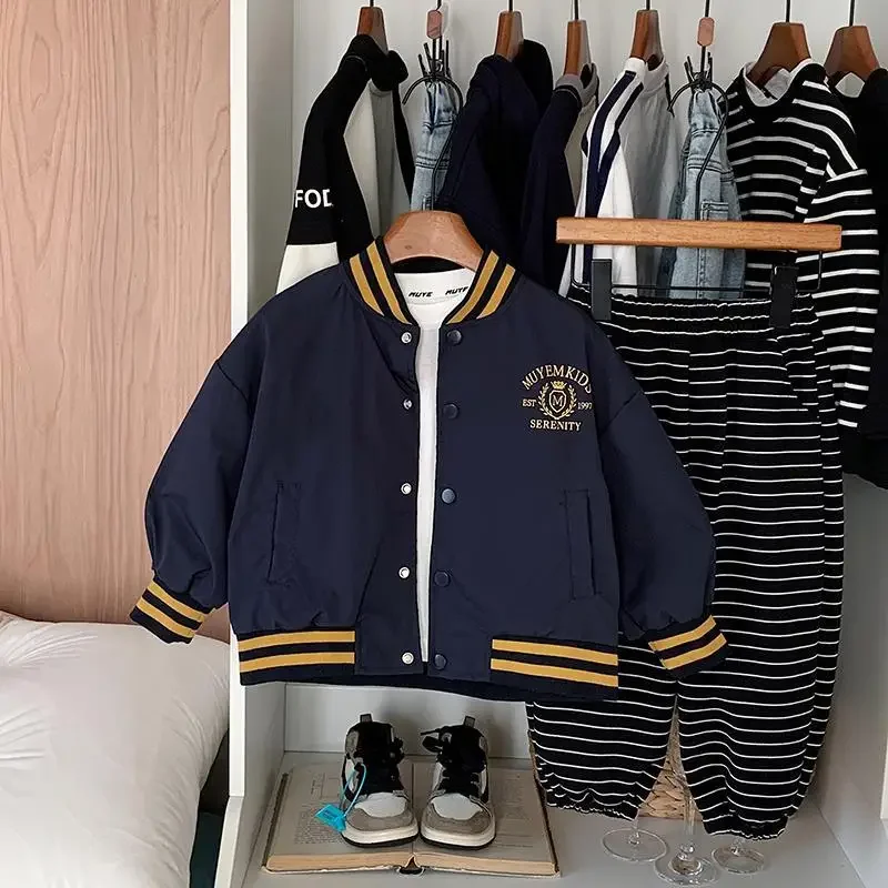 

Корейское детское пальто, весенне-осенняя бейсбольная форма для мальчиков, академический кардиган, куртка, детская новая верхняя одежда, повседневный топ, От 2 до 10 лет