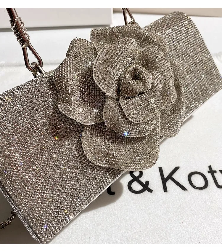 Luxury Designer Glitter Diamond Floral Women's Handbag Crystal Rhinestones Evening Bag Wedding Party Clutch Purse Crossbody Bag - Image 5