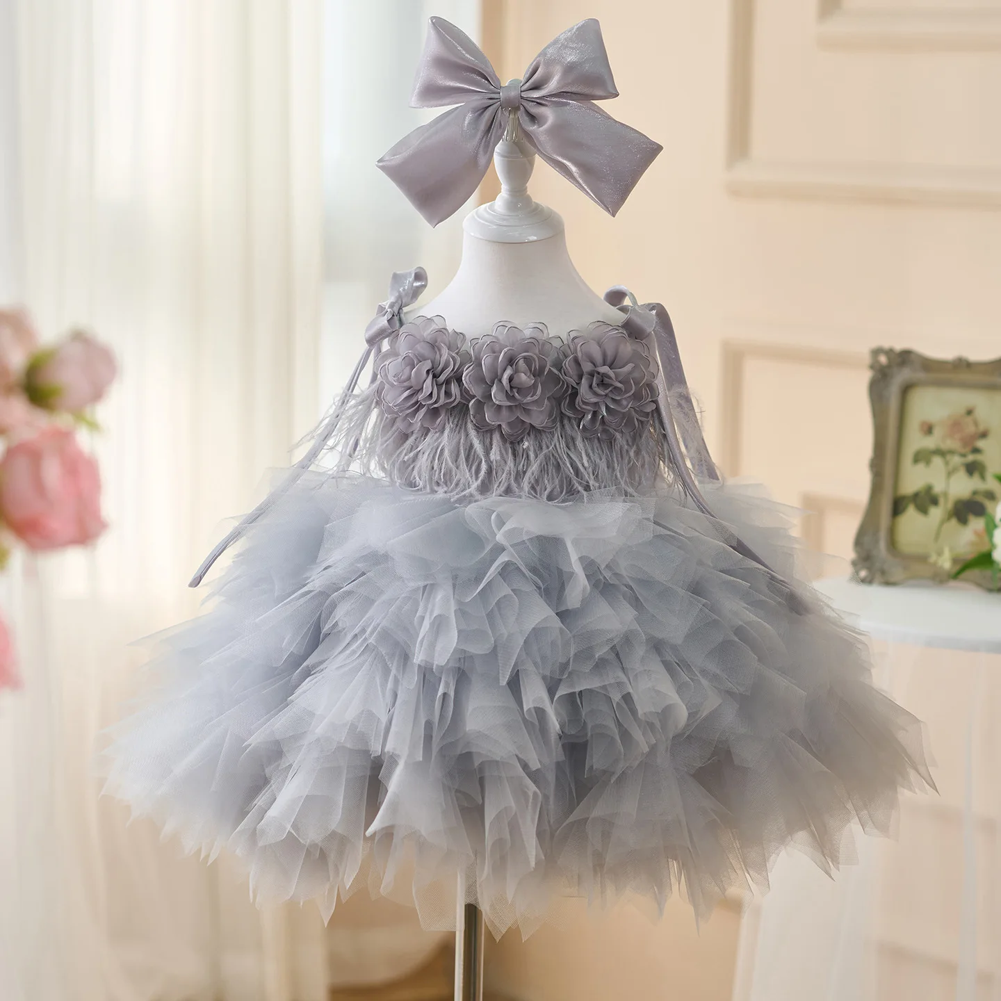 KLFLGD Light Luxury Unique Girls Dress High-end Pageant Competition Dress One Year's Birthday Party Puffed Skirt