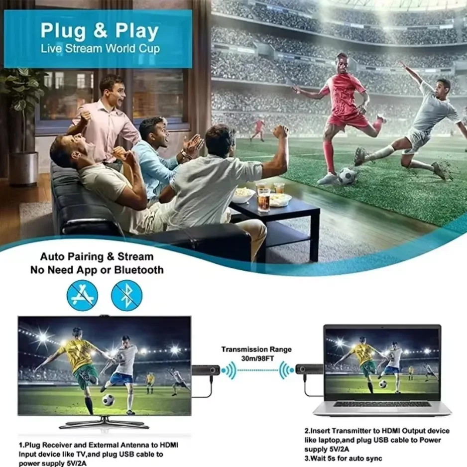 50M Wireless Transmission Video Transmitter and Receiver HDMI Extender Display Adapter Cable Screen Mirror for Camera PC To TV