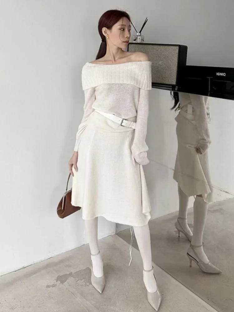 Slash Neck Knit Pullovers And High Waist Skirt Elegant Autumn Women Suit Sexy Simple Chic Sweater A-line Pleat Midi Skirt Sets