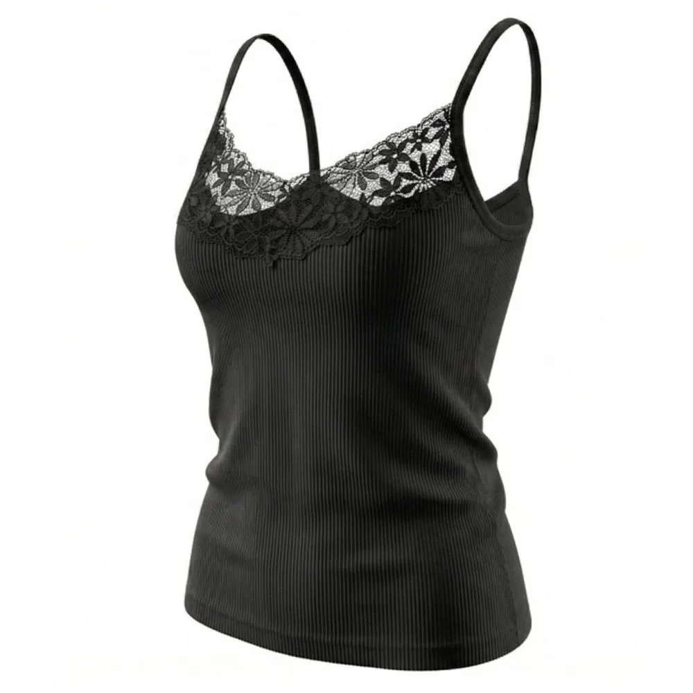 Basic Solid Color Lace Tank Tops Ribbed Texture Lace Detail V Neck Vest Y2k Style Elastic Fabric Basic Tee Tops For Women