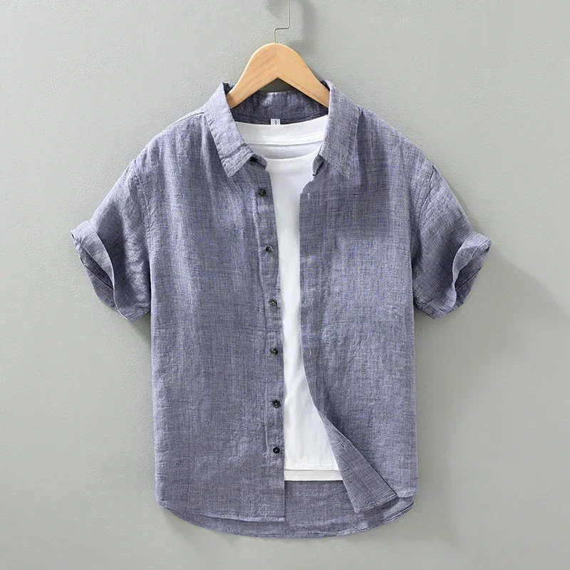 Pure Linen Casual Shirts Men Casual Fashion Solid Short Sleeve Shirt Man Large Size Button-up Shirt