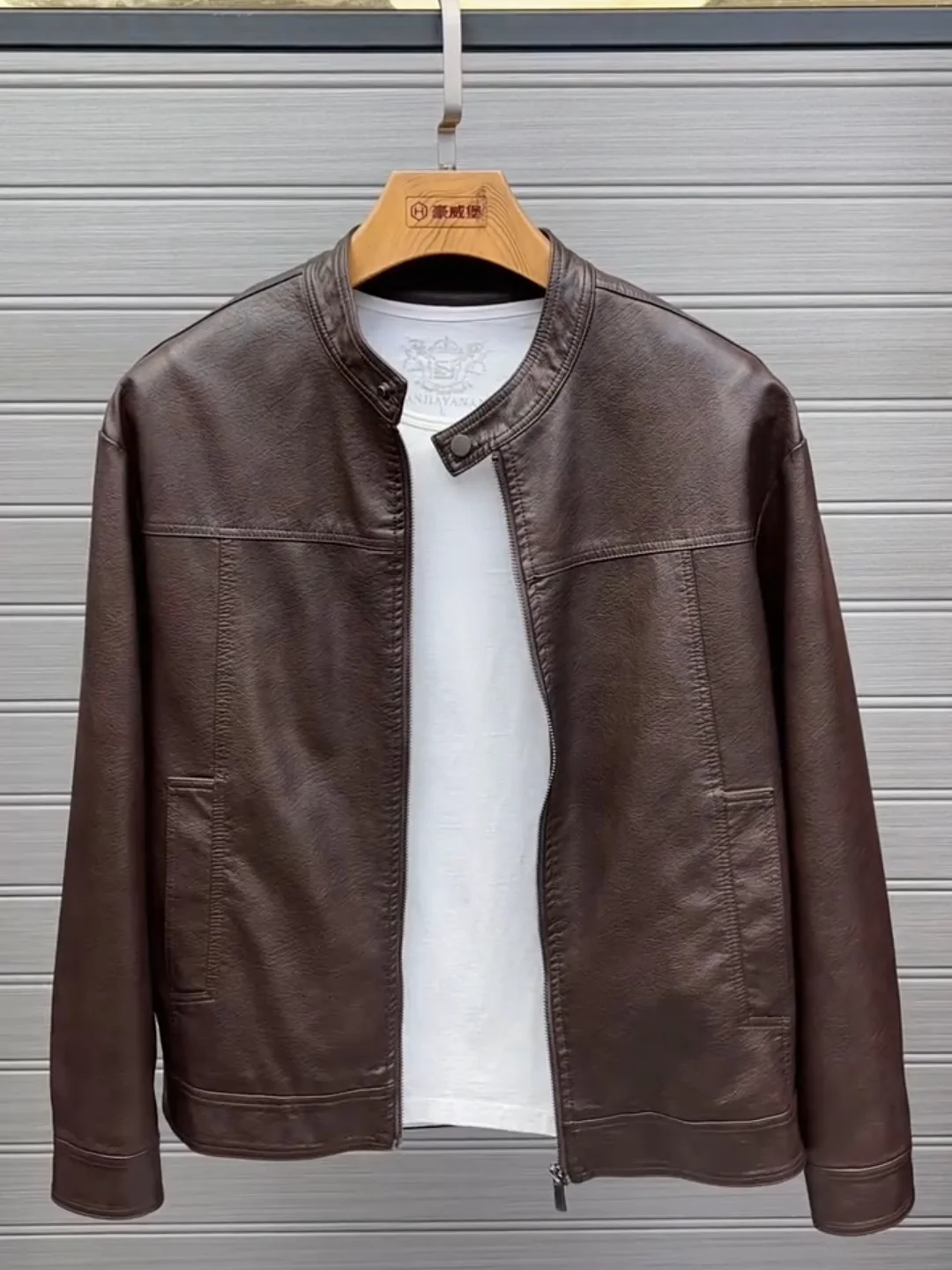 

Spring New Men's PU Leather Jaet Stand Collar Faionable Cool Luxury Lightweight Stand Fit Knitted Youth Trendy Outerwear