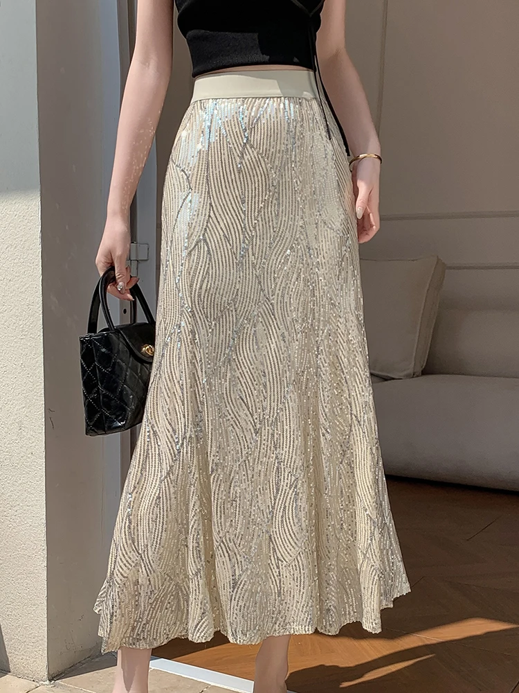 Luxury Sequins Skirts Women Summer 2025 New Loose Casual Elastic High Waist Mermaid Skirt Female Black Midi Skirt Korean Fashion