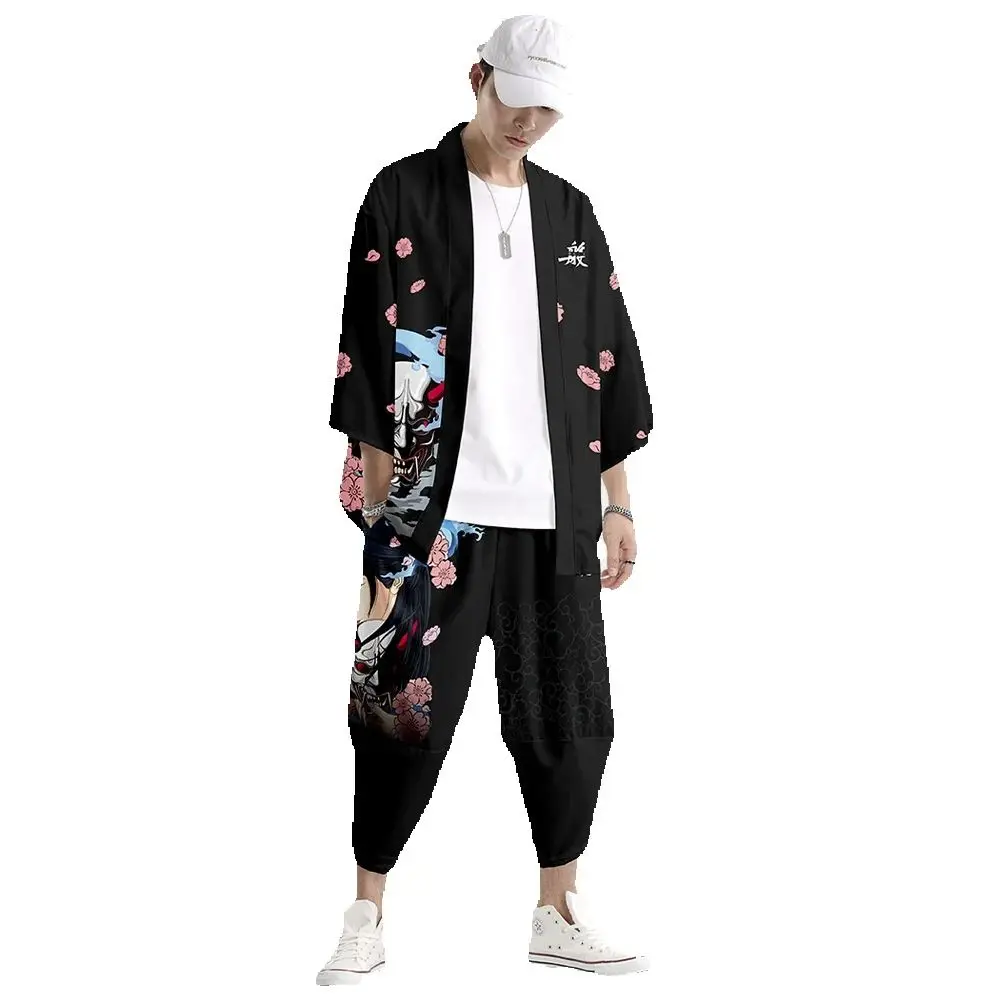 Streetwear Men Women Cardigan Haori Yukata Harajuku Robe Plus Size 6XL Beach Japanese Style Prajna Print Kimono Pants