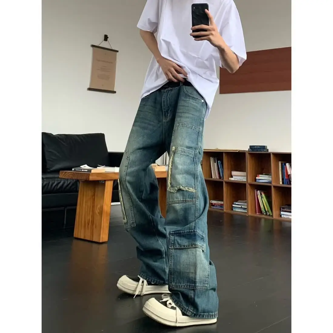 

American street men and women spring and autumn straight tube washed workwear jeans for couples loose retro casual pants y2k