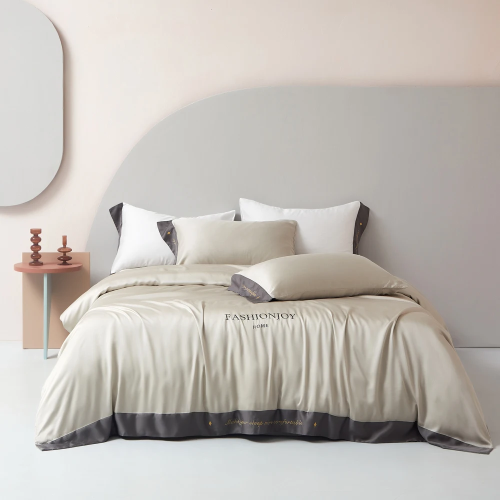 

2023 four-piece bedding simple cotton double household bed sheet quilt cover embroidered twill comfortable bedding beige color