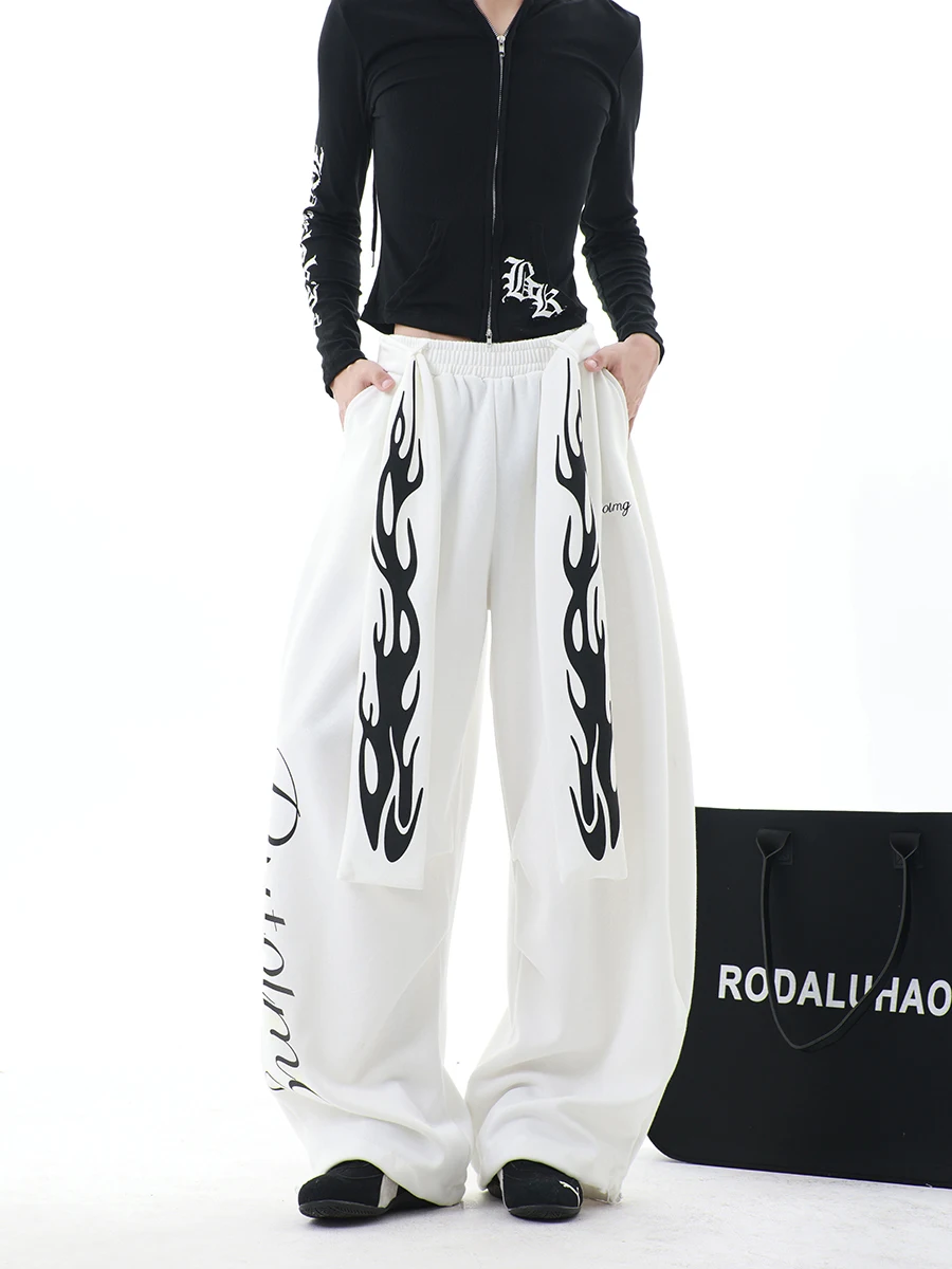 

Свободные широкие повседневные брюки Boyue в американском стиле ретро с пламенным принтом, мужские и женские брюки длиной до пола, удобные модные брюки