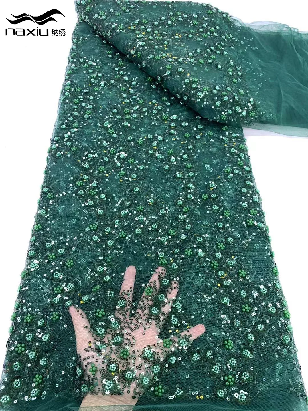 Madison Green Beaded Fabric For Luxury Evening Dresses 2024 Beaded Lace Sequins Tulle Lace Mesh Embroidered Material Cloth