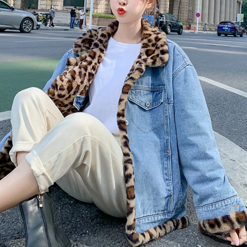 ANJY Autumn Winter New Women Fashion Reversible Elegant Denim Jacket Trend Leopard Print Slimming Chic Ins Versatile Coat A16058