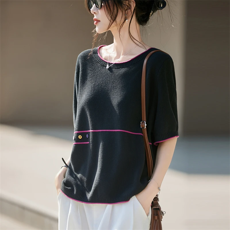 Women's Fashion Half Sleeve Knitted Round Neck Thin Loose Summer T-shirt Top Breathable Comfortable color blocking  pullover