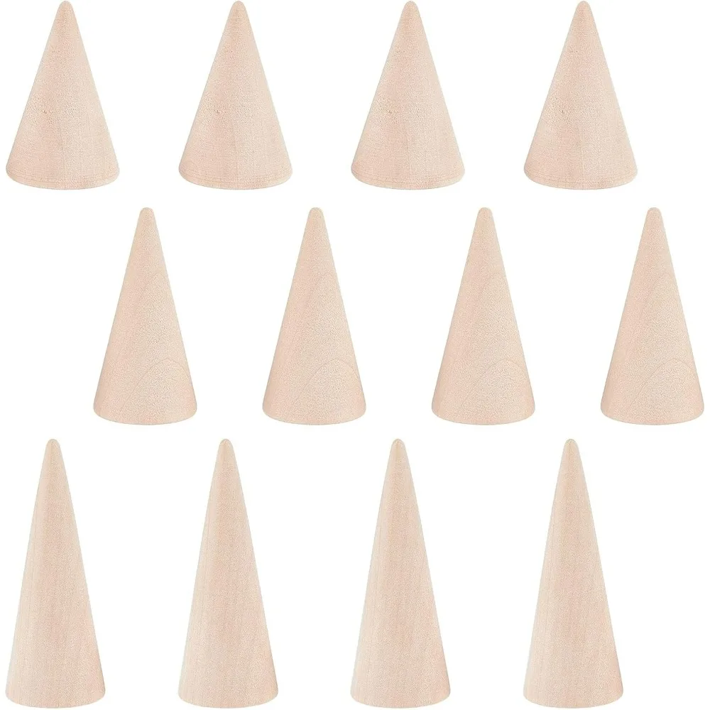 12Pcs 3 Sizes Wooden Ring Displays, Cone Shaped Finger Ring Stand Jewelry Display for Rings Jewelry Exhibition,Mixed Color