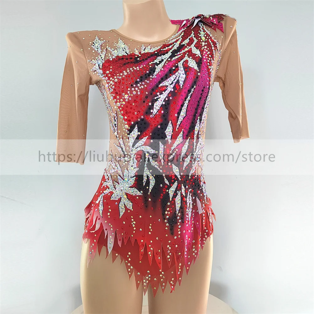 

LIUHUO Rhythmic Gymnastics Leotard Customize Women Girl Teens Costume Red Competition Ice Skating Dress Jumpsuit Half Sleeve