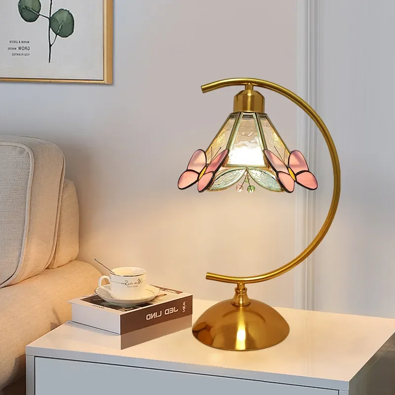 Vintage Brass Butterfly Table Lamp Colored Glass Shade Retro Bedside Light French Medieval Style Decorative Nightstand Lamp
