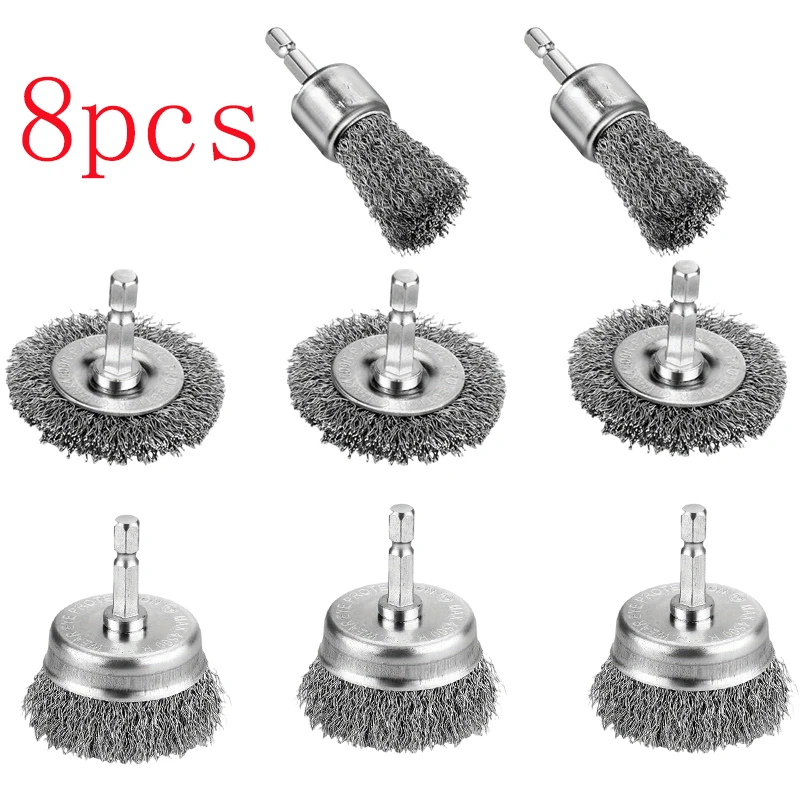 3/6/8-pcs Carbon Steel  1/4 Inch Hex Shank Drill Brush Attachment, Professional Steel Wire Brushes for Drill Bits, Rust Removal