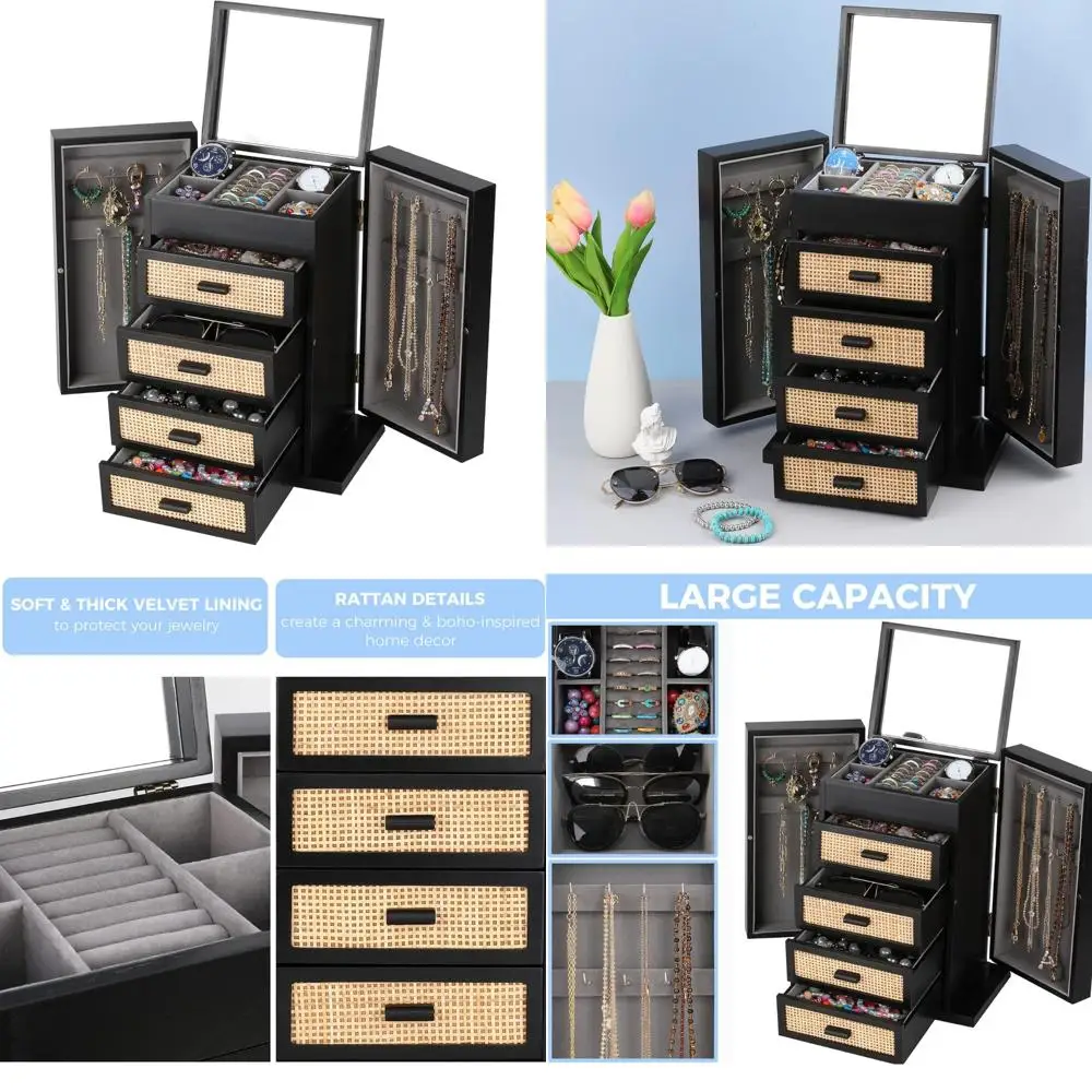 

5-уровневая деревянная шкатулка для драгоценностей из ротанга с зеркалом, органайзер для хранения с 4 ящиками для женских аксессуаров