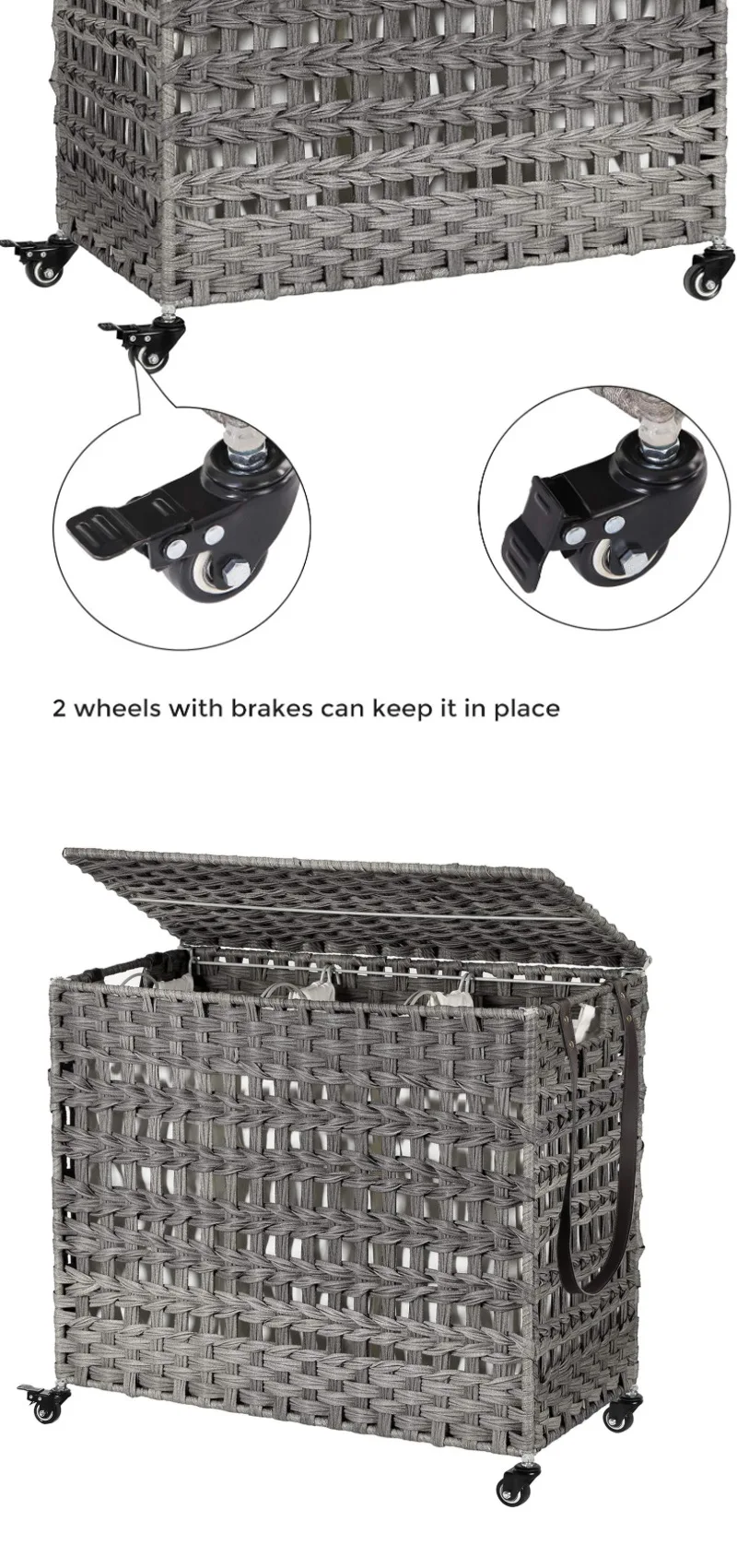 Rattan  Basket Hand-woven  Storage Box with Cloth Lining Mobile Pulley Large Capacity Dirty