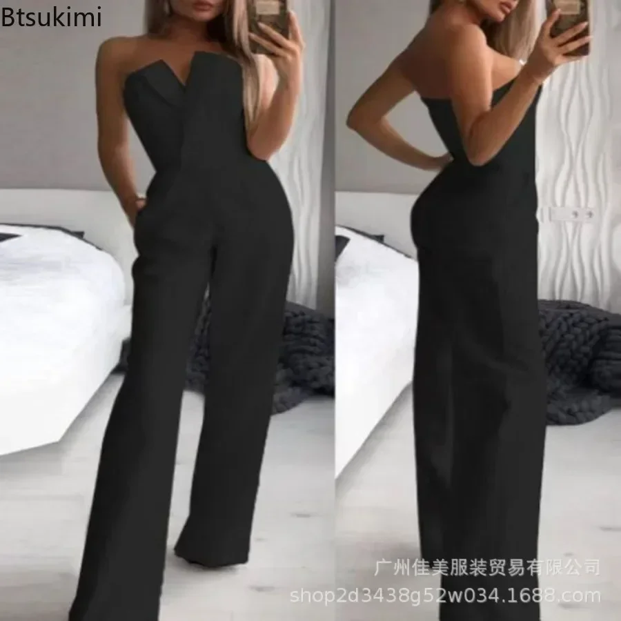 2024 Women\'s Elegant Jumpsuits Solid Off Shoulder Sexy Club Jumpsuit Female Sleeveless High Waist Slim Wide Leg Jumpsuit Pants