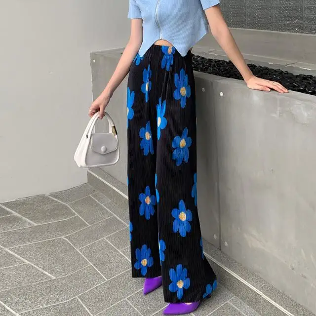 Flower Printed Wide-leg Pants Women Pleated Style New Drape Mopping Pants Loose Slim Straight Pants