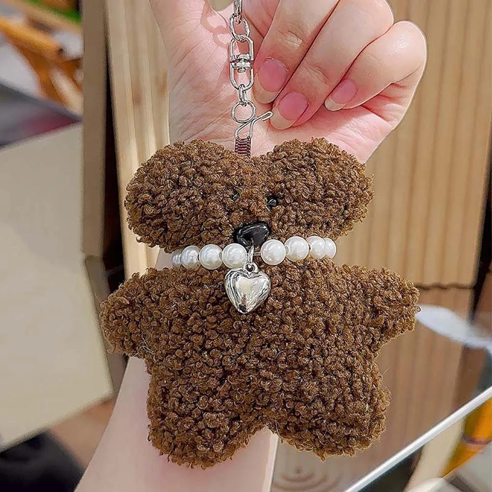 Collar de perlas, llavero de oso de peluche, decoración de animales, muñeco de oso de peluche, juguetes de peluche suaves, llavero de coche coreano, accesorios para bolso