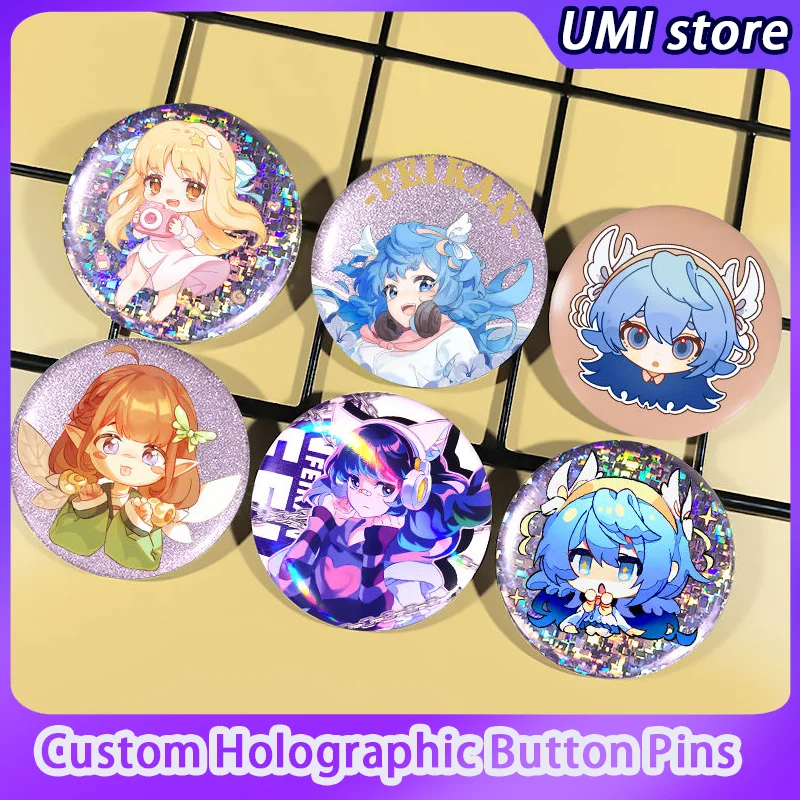 Custom Glitter Holographic Button Pins Custom Round Badges Photo Text Graphic Personalize Metal Tinplate Pins Gifts for Kids