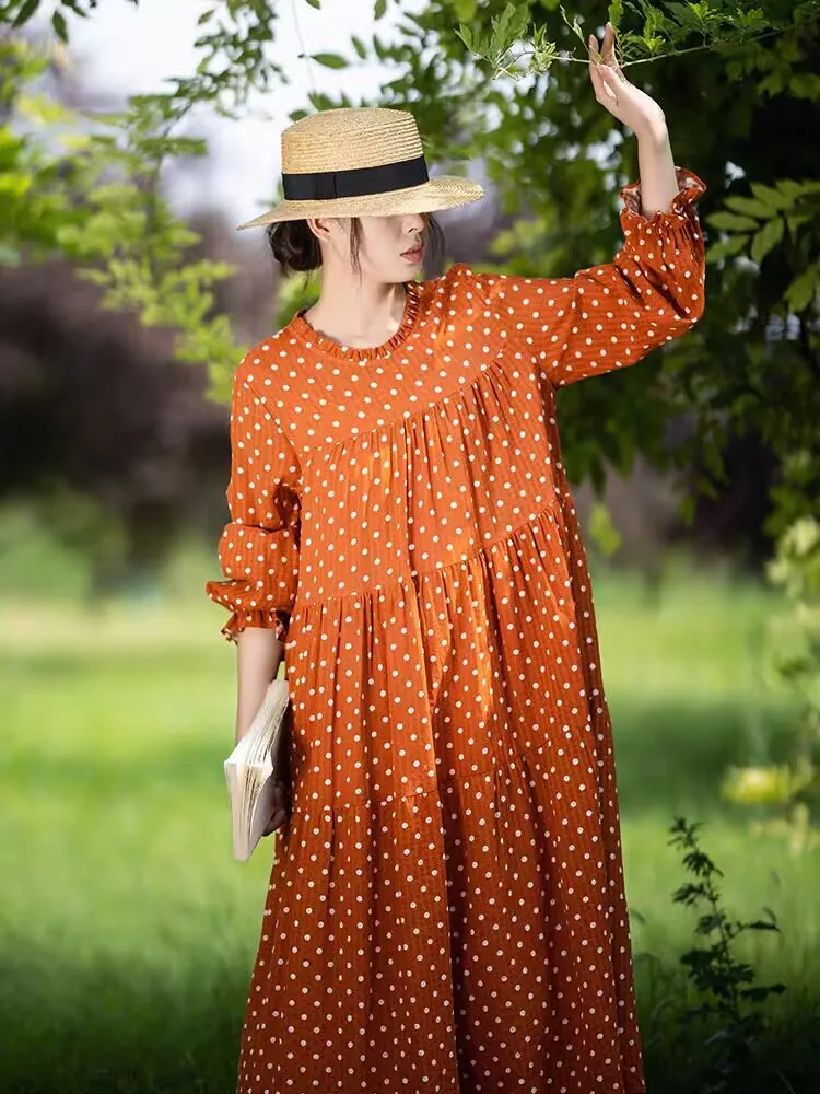 

Хлопковое длинное платье большого размера в горошек, осень 202, литературное свободное платье в стиле ретро с длинными рукавами в горошек для женщин, повседневная одежда F74