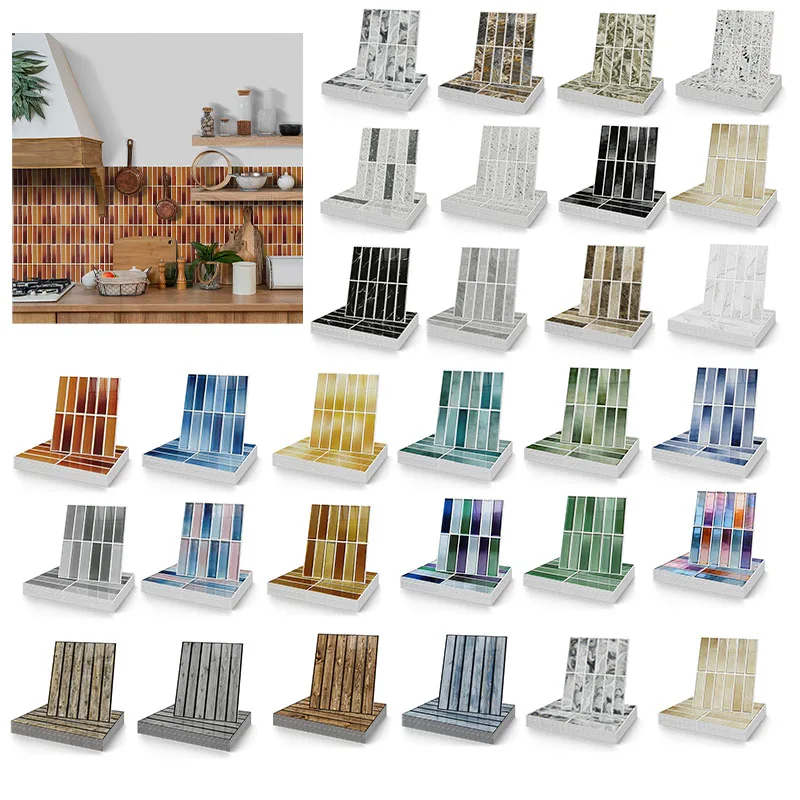 5PCS Square Long Strip Marble Pattern Tiles Wall Stickers Self-adhesive Waterproof Wallpaper For Kitchen Living Room Home Decor