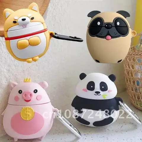 

3D Cute Cartoon Fat Crown Money Pig Panda Wireless Earphone Cover for Airpods 2 For iPhone Pug Corgi Puppy Dog Case
