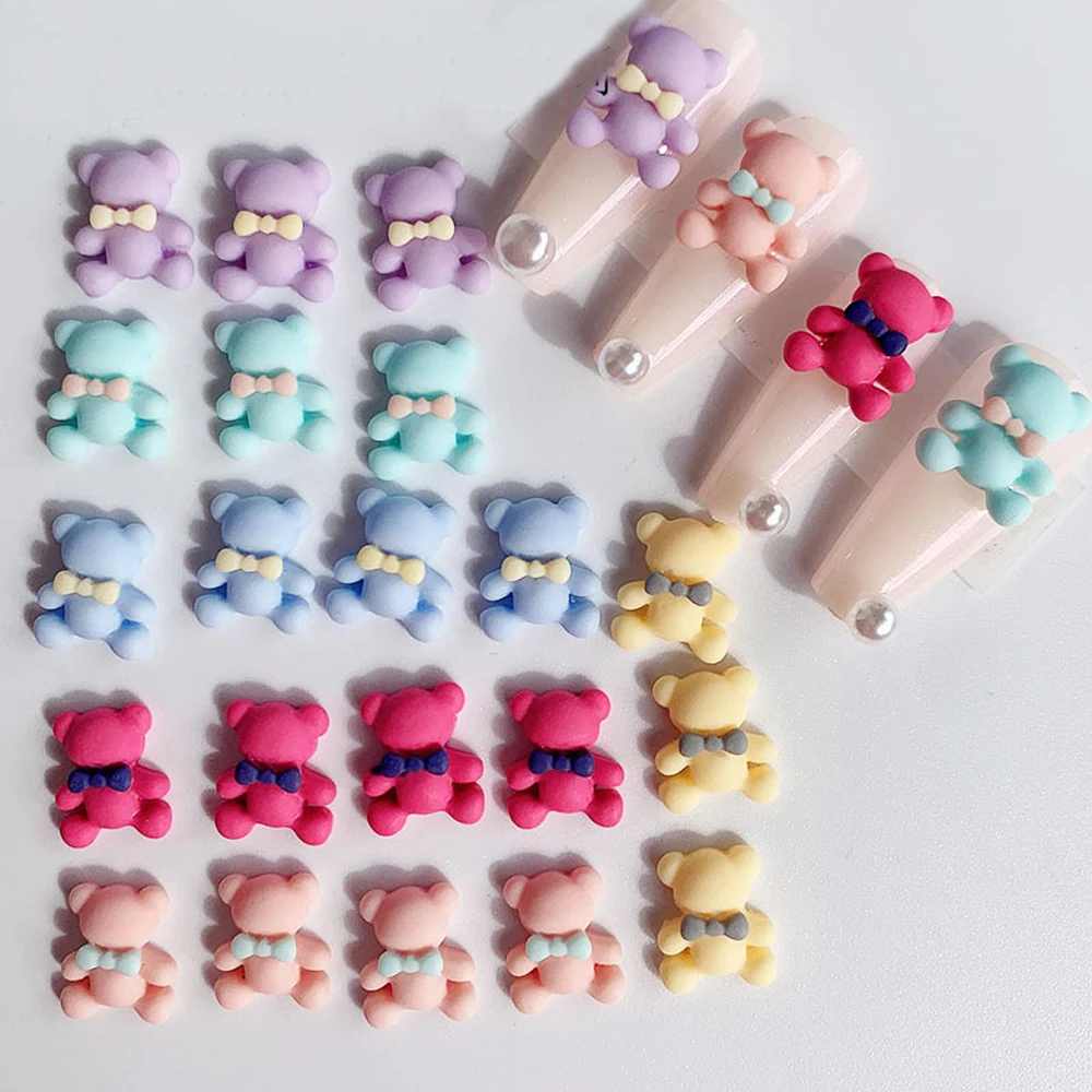 20Pcs New Love Bear Nail Art Charms 3D Resin Cute Cartoon Pink Bowtie Bear Nail Decoration Kawaii DIY Nail Accessories 12*14.5mm