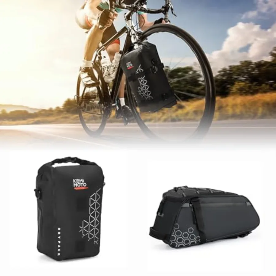 

Bike Front Fork Bag 10L Bicycle Pannier Bag Full Waterproof with 13L Rear Bike Rack Bag Water-resistant Trunk Bag 3-IN-1