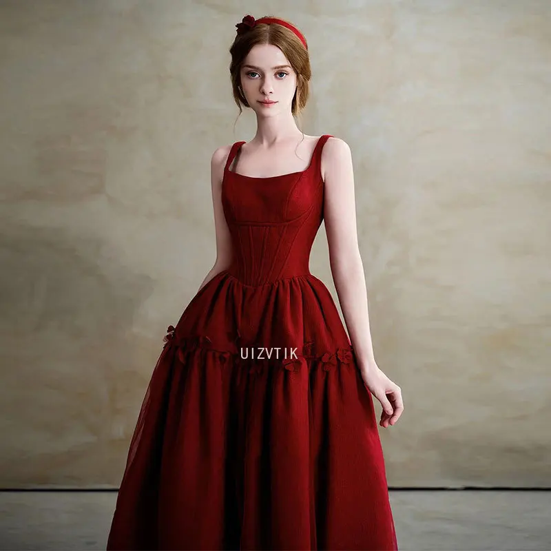 Wine Red Long Evening Party Dress Women Stain Spaghetti Strap Prom Dress Simple Elegant Banquet Formal Occasion Dress Vestidos