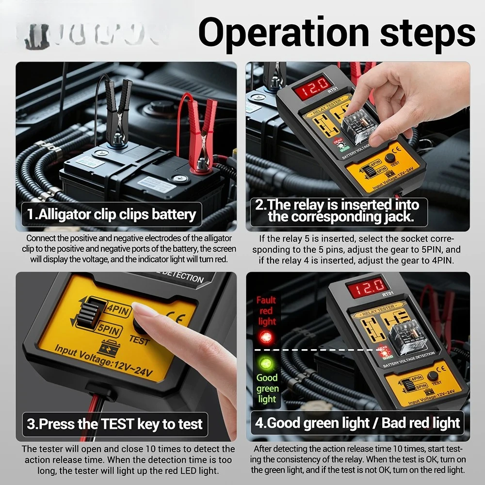 11-25V Relay Detector RT01 Digital Universal 4/5 Pins Car Battery Vehicle Detection Digital Display Voltage Battery Tester