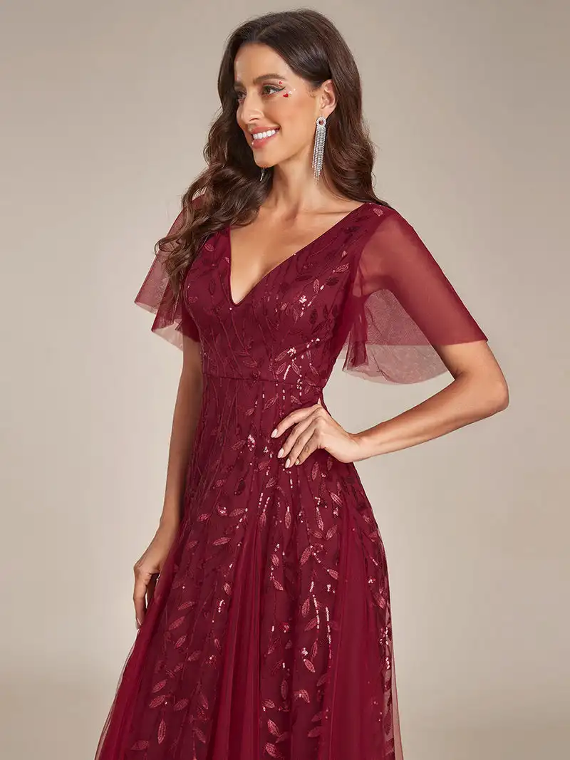 Elegant Evening Dress Romantic Shimmery Deep V-Neck Ruffle Sleeves Ever Pretty of 2024 Burgundy Gauze Sequin Maxi Long Gowns