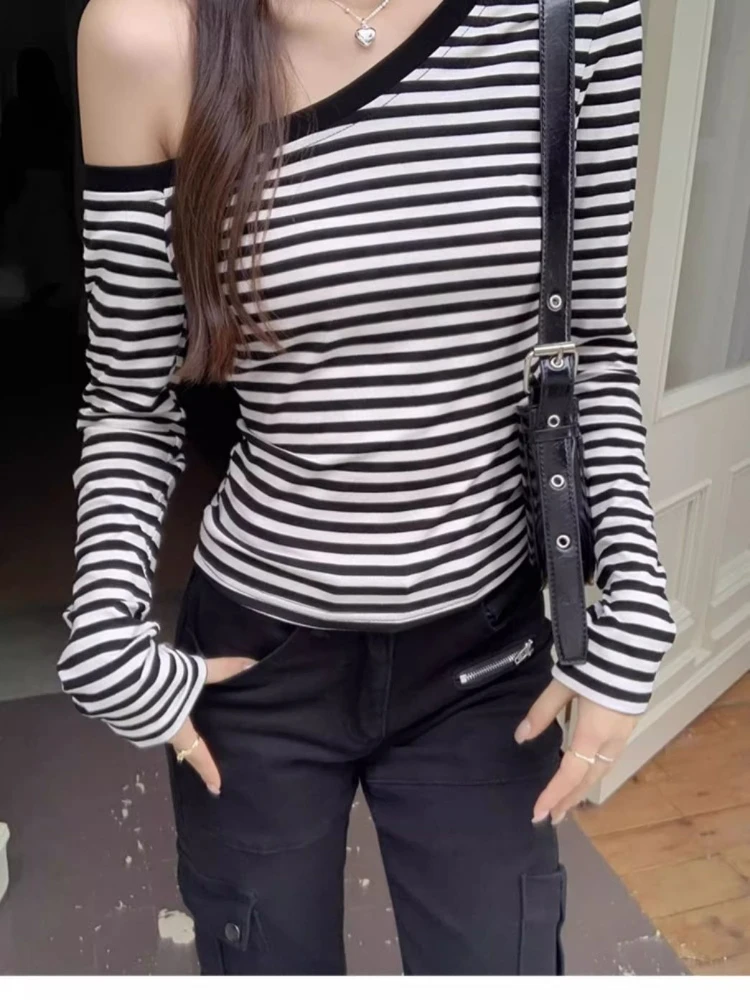 Korean-style striped off-the-shoulder top women' summer fall sexy  slim and hot girl  tops y2k slimming long-sleeve clothes