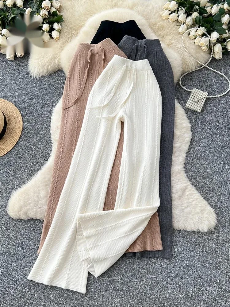 Pantalones de pierna ancha informales a la moda, pantalones de punto gruesos holgados con cordón de cintura alta elásticos para perezosos de otoño