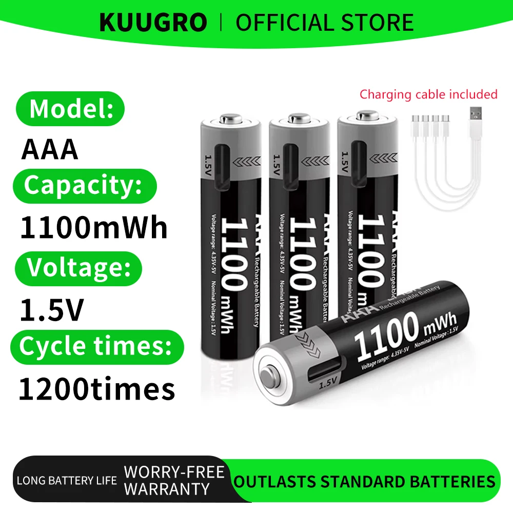 Akumulator litowo-jonowy Kuugro 1.5V AAA USB, akumulatory litowe AAA 1.5V 1100mWh z kablem 4-w-1 do zabawek, aparatu, latarki