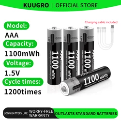 Kuugro 1.5V AAA USB Li-ion Rechargeable Battery Aaa 1.5V 1100mWh Lithium Batteries with 4-in-1 Cable for Toys Camera Flashlight