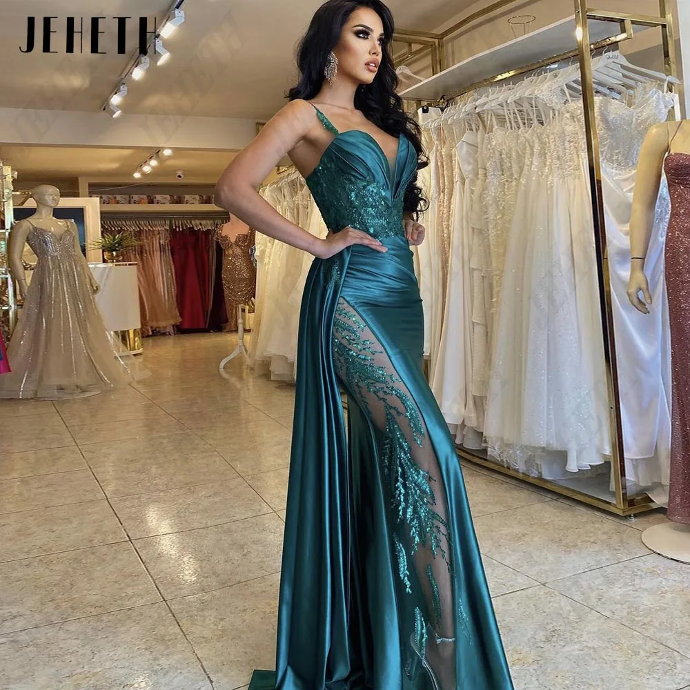 JEHETH Spaghetti Straps Sweetheart Dubai Prom Dress Mermaid Satin Sexy Side Split Evening Gowns V-Neck فساتين سهره فاخره 2024