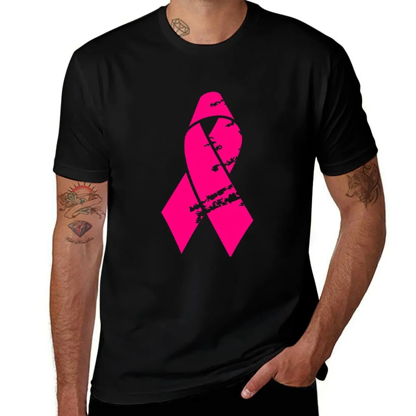 

Distressed Pink Ribbon T-Shirt Basic Solid Color Short Sleeve T-Shirt
