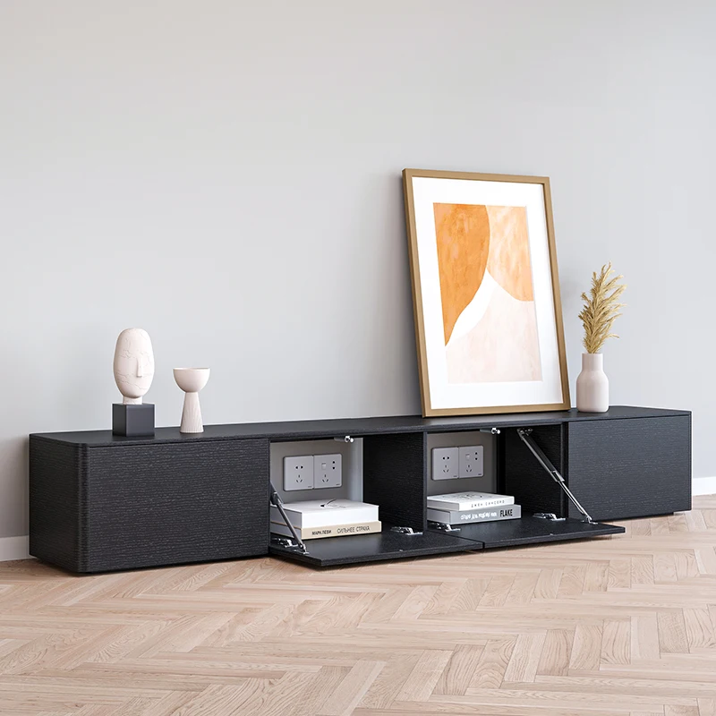 

Nordic black oak grain TV cabinet modern simple small apartment living room furniture coffee table combination rounded corner