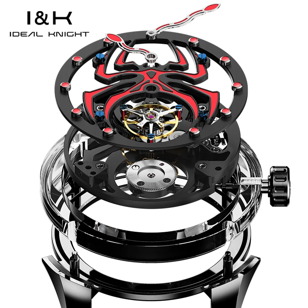 IDEAL KNIGHT Real Tourbillon Man Watch High-Grade Hollowed Luminous Spider Pattern Top Luxury Men's Mechanical Wristwatches 6802