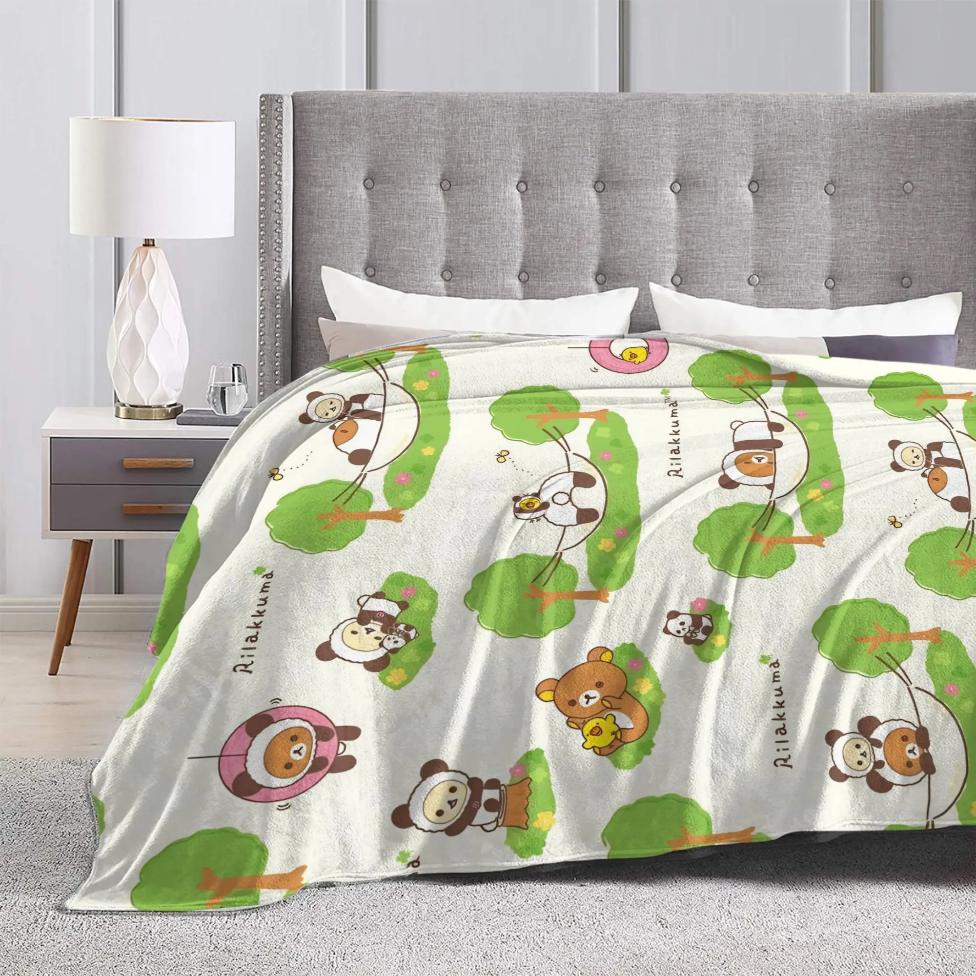 Rilakkumas Kawaii Panda Bear Blankets Flannel Printed  Portable Lightweight Thin Throw Blankets for Sofa Office Rug Piece
