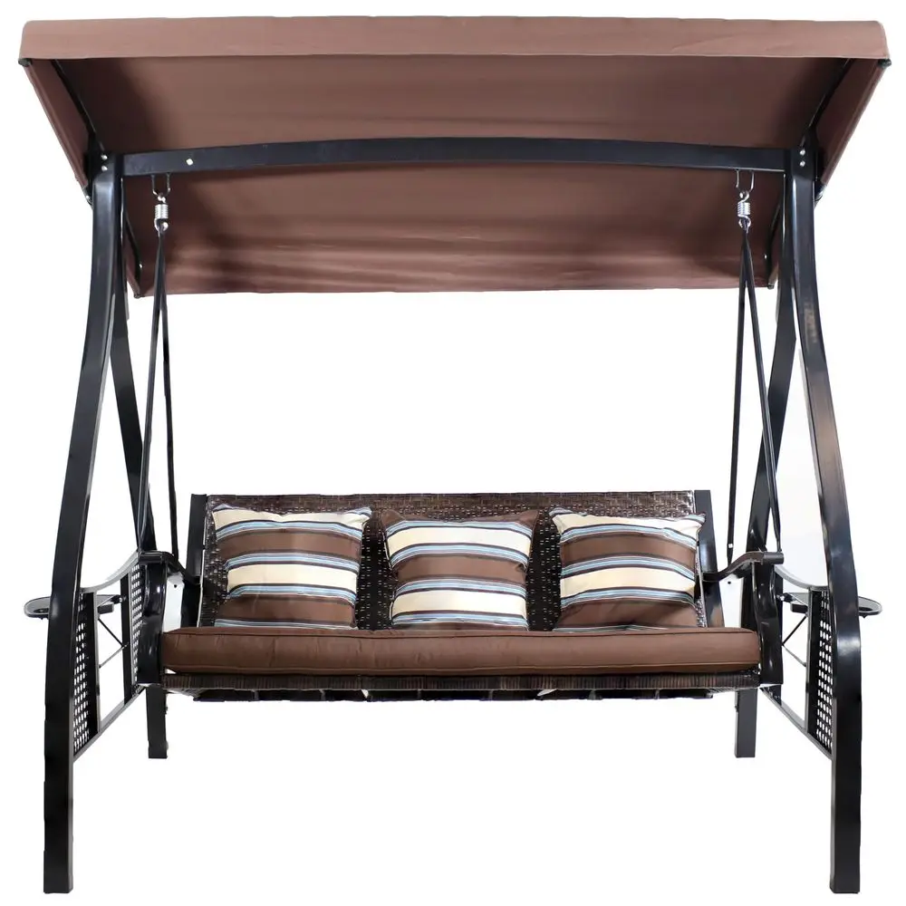 

3Seat Patio Swing with Steel Frame and Canopy 600Pound Weight Capacity Brown Stripe Cushions