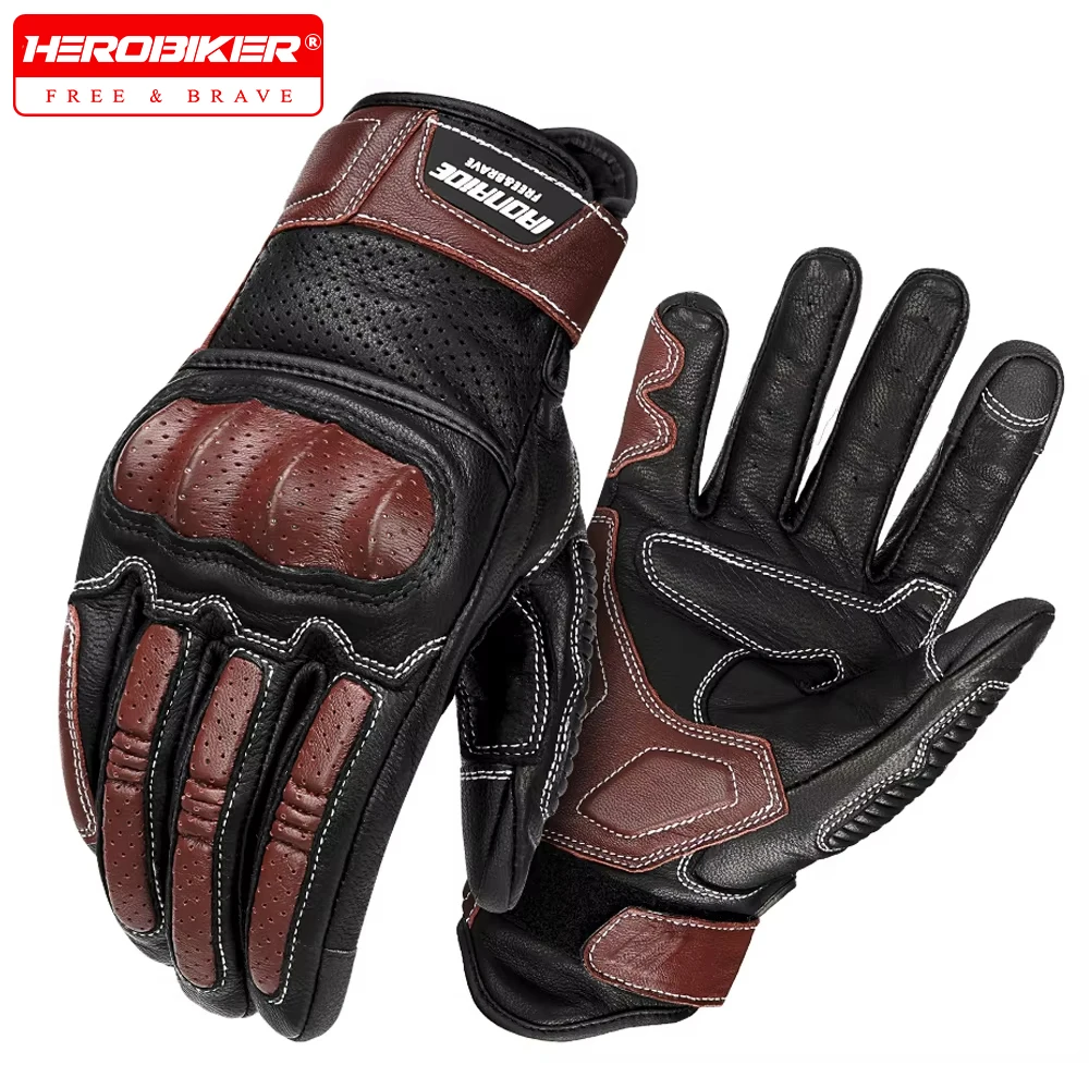 

Retro Perforated Leather Motorcycle Gloves Men And Women Full Finger Brown Motocross Biker Glove Motorbike Equipment M-XXL