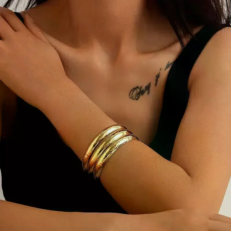 3Pcs Chunky Metal Cuff Bangles Bracelets Set Hiphop Textured Fashion Stackable Bangles Jewelry For Women Party Jewelry