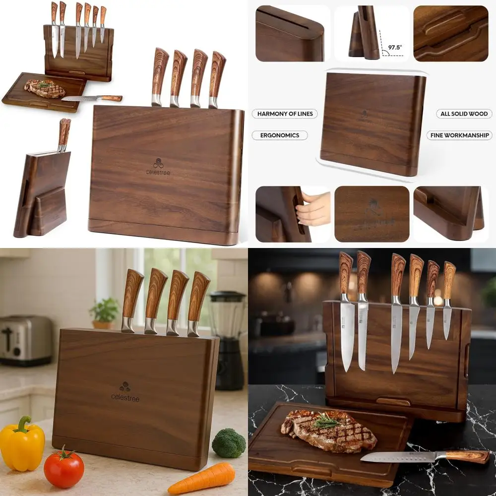 

Magnetic Knife Holder 2-in-1 Wood Cutting Board, 16x11 Inches, Rain Wood, Juice Grooves, Kitchen Organizer for Home Chefs