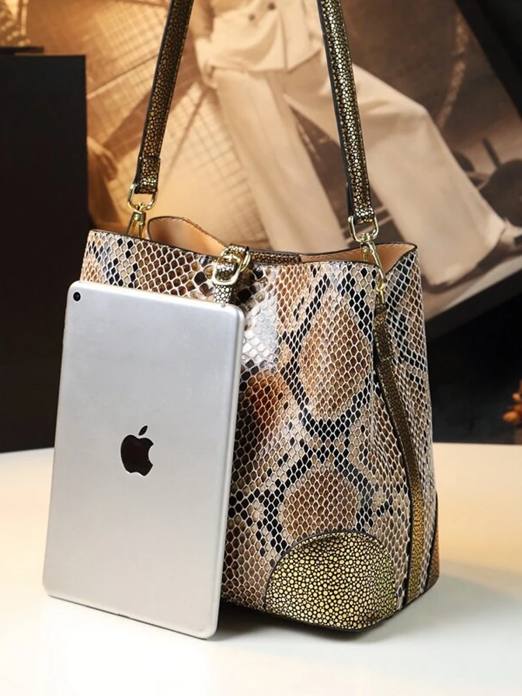  Snake Skin Pattern Bucket Bag Women's Summer New Style Single Shoulder Crossbody Bag Trendy Geometric Design Handbag
